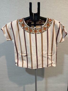 Madewell Cream Cropped Top with Multicolor Embroidered Neckline